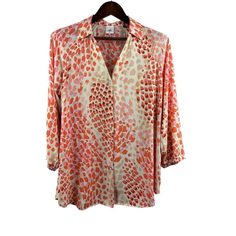 Women’s CAbi Medium White Blouse w/ Orange Animal Print